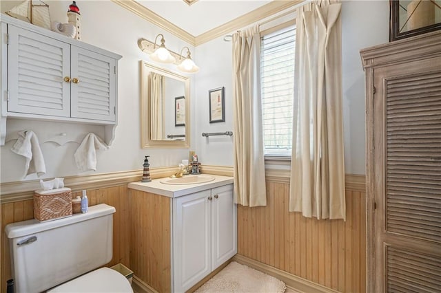 1500 Historic Vw, Stone Mountain, GA 30087 - bathroom featuring vanity, a wainscoted wall, crown molding, and wood walls