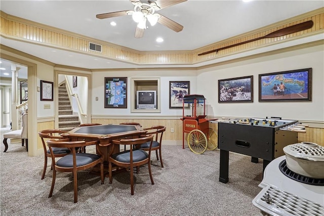 1500 Historic Vw, Stone Mountain, GA 30087 - game room featuring wainscoting, light carpet, a ceiling fan, recessed lighting, and crown molding