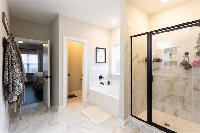 full bath featuring a stall shower, baseboards, ensuite bathroom, marble finish floor, and a bath