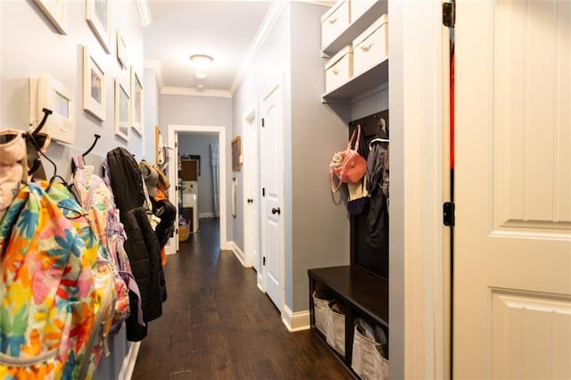 mudroom featuring dark wood-type flooring, crown molding, and baseboards