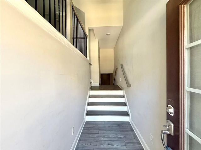 stairs with hardwood / wood-style flooring