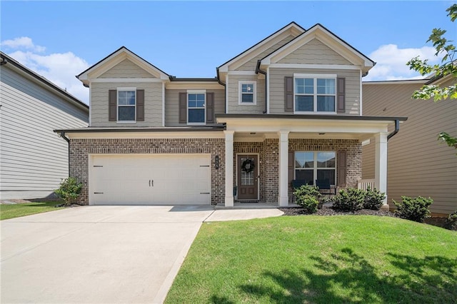 craftsman house with a garage, a front lawn, and a porch