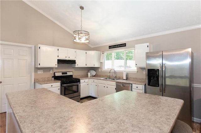 510 Whistlestop Dr, Woodstock, GA 30189 - kitchen with stainless steel appliances, under cabinet range hood, a sink, white cabinetry, and a chandelier