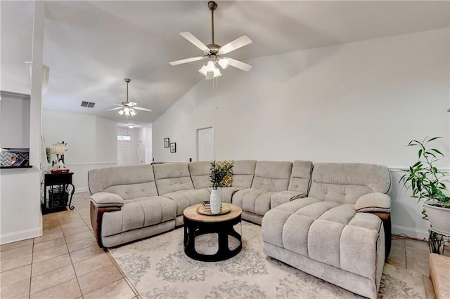 2220 Lily Valley Dr, Lawrenceville, GA 30045 - living area featuring ceiling fan, light tile patterned flooring, and vaulted ceiling