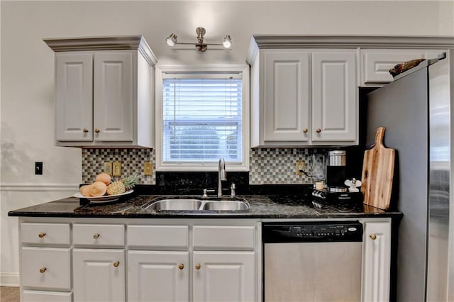 2220 Lily Valley Dr, Lawrenceville, GA 30045 - kitchen featuring stainless steel appliances, tasteful backsplash, and white cabinets