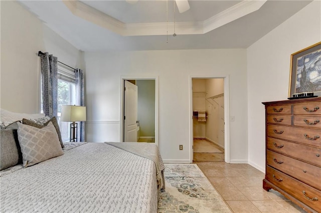 2220 Lily Valley Dr, Lawrenceville, GA 30045 - bedroom featuring a raised ceiling, light tile patterned floors, crown molding, and ceiling fan