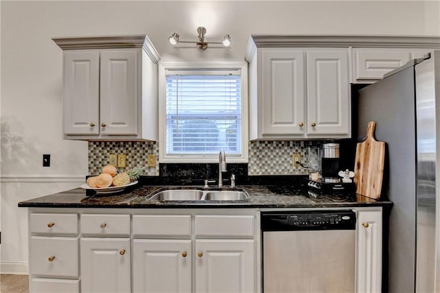 2220 Lily Valley Dr, Lawrenceville, GA 30045 - kitchen featuring stainless steel appliances, decorative backsplash, and white cabinets