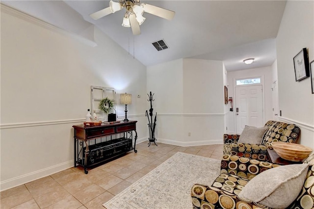 2220 Lily Valley Dr, Lawrenceville, GA 30045 - living area with tile patterned floors, a ceiling fan, and vaulted ceiling