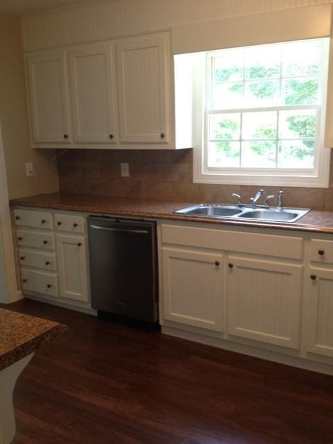 kitchen featuring sink, dark wood-type flooring, white cabinetry, and dishwasher