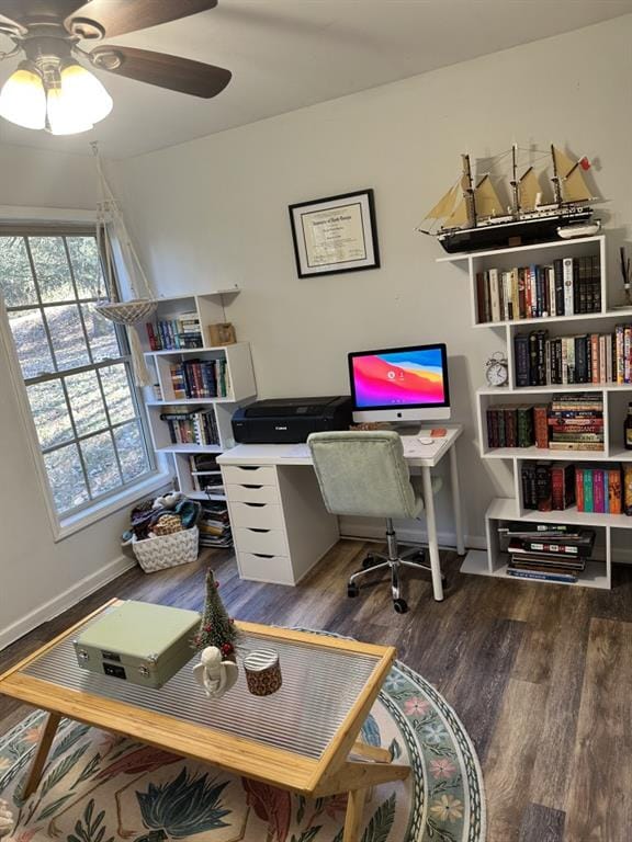 office area featuring ceiling fan and dark hardwood / wood-style flooring