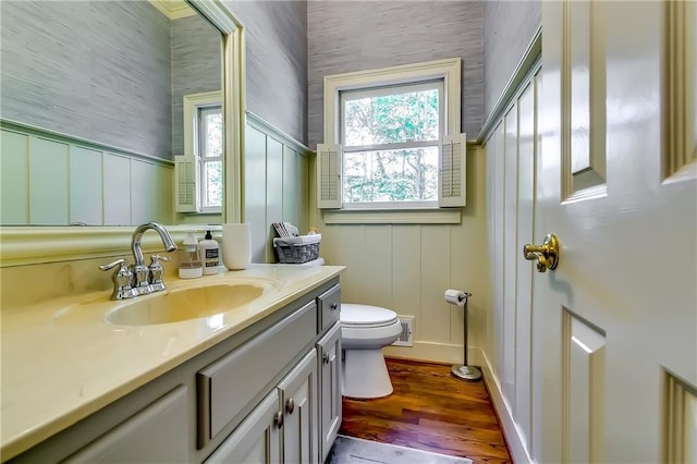 bathroom with vanity, toilet, and hardwood / wood-style flooring