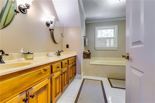 bathroom with vanity, crown molding, tile patterned floors, and a washtub