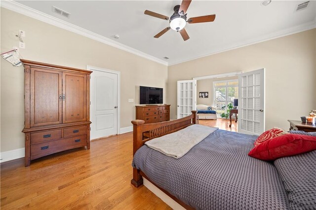 bedroom with french doors, light wood-type flooring, ceiling fan, and ornamental molding