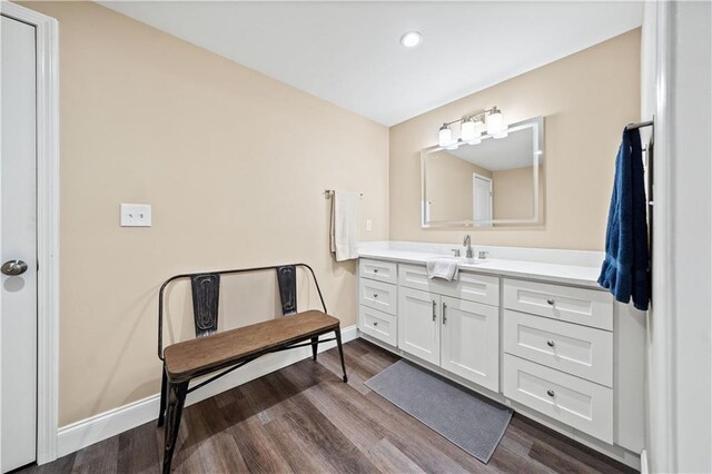 bathroom featuring hardwood / wood-style floors and vanity