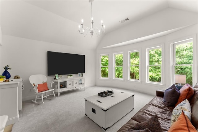 living area featuring vaulted ceiling, a chandelier, carpet flooring, and baseboards