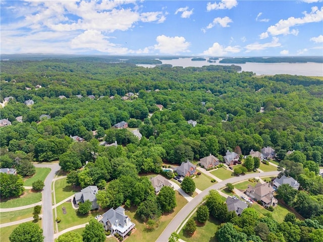 aerial view of residential area with a heavily wooded area and a large body of water