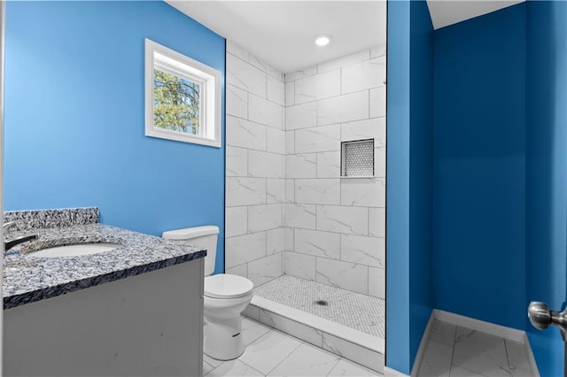 4064 Post Rd, Winston, GA 30187 - bathroom featuring marble finish flooring, tiled shower, vanity, and recessed lighting