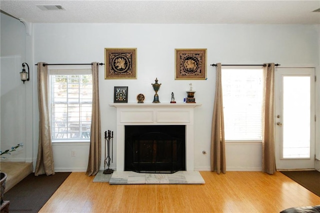 living room featuring plenty of natural light and light hardwood / wood-style flooring