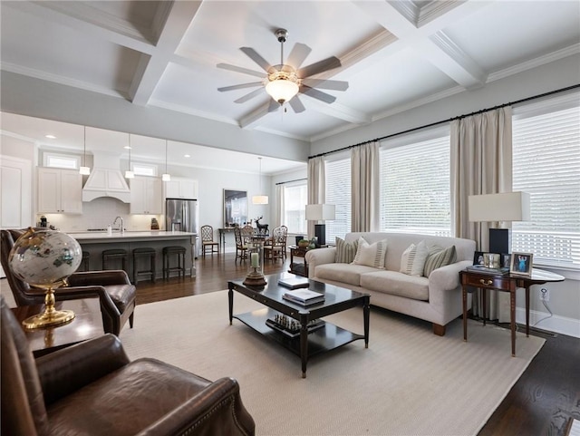 living room featuring sink, dark hardwood / wood-style flooring, coffered ceiling, ceiling fan, and beam ceiling