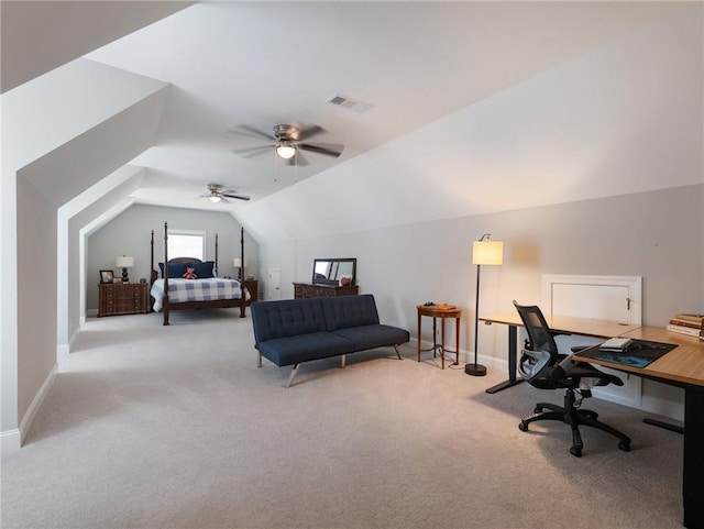 bedroom with lofted ceiling, light colored carpet, and ceiling fan