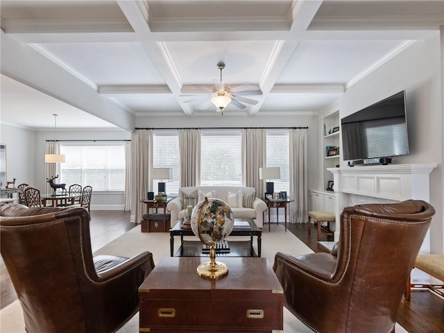 living room with coffered ceiling and wood-type flooring