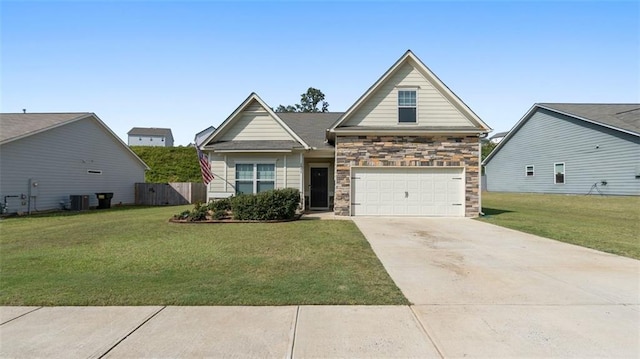 view of front of home with central AC and a front yard