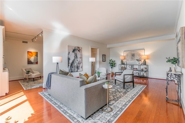 living room featuring rail lighting, hardwood / wood-style floors, and crown molding