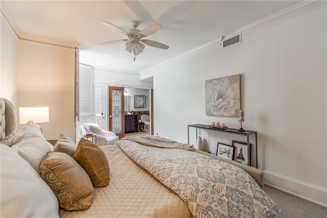 bedroom featuring ceiling fan, ornamental molding, connected bathroom, and carpet floors