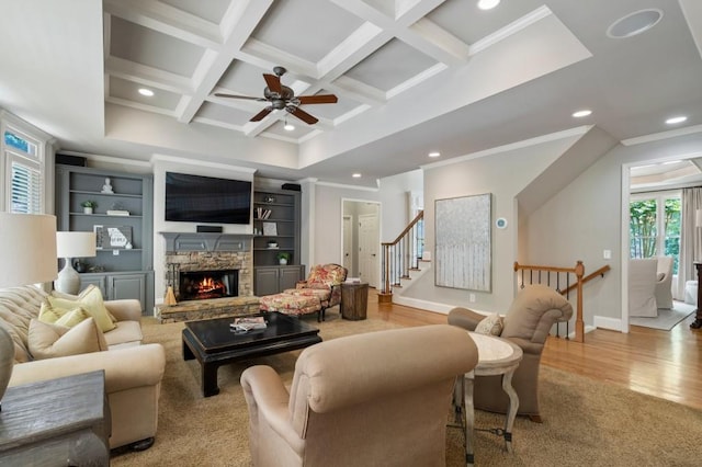 4250 Old Oak Trce, Cumming, GA 30041 - living area featuring crown molding, recessed lighting, coffered ceiling, a stone fireplace, and beam ceiling
