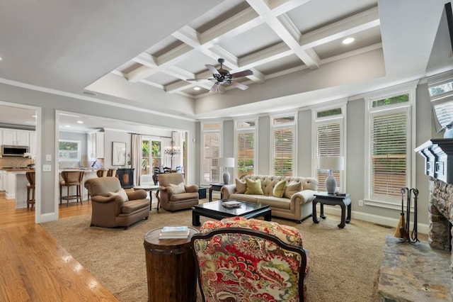 4250 Old Oak Trce, Cumming, GA 30041 - living area featuring coffered ceiling, beam ceiling, ornamental molding, recessed lighting, and ceiling fan