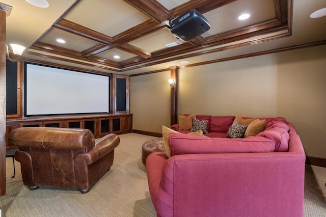 4250 Old Oak Trce, Cumming, GA 30041 - home theater featuring carpet flooring, crown molding, baseboards, coffered ceiling, and beam ceiling