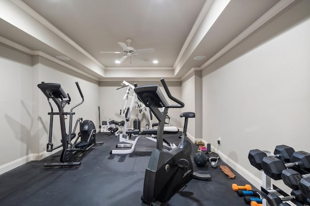 4250 Old Oak Trce, Cumming, GA 30041 - exercise room featuring baseboards, a ceiling fan, ornamental molding, a tray ceiling, and recessed lighting