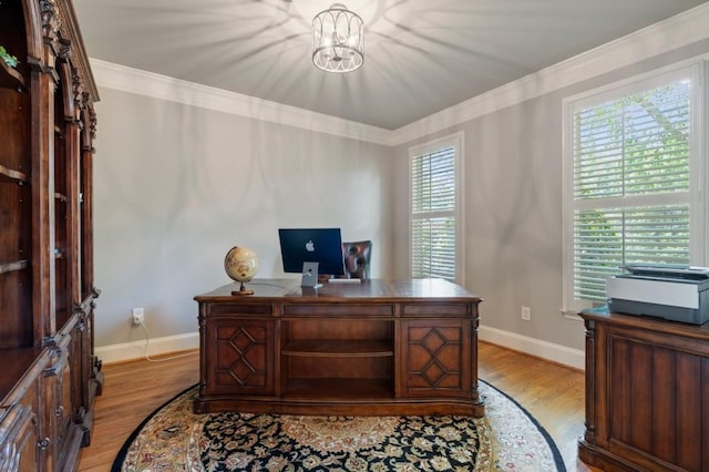 4250 Old Oak Trce, Cumming, GA 30041 - office featuring baseboards, light wood-style flooring, crown molding, and a chandelier
