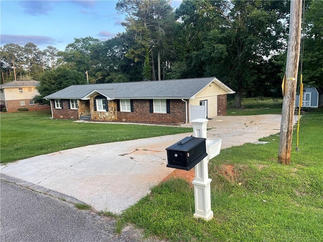 1321 Earle Ct SE, Conyers, GA 30013 - ranch-style house featuring driveway, a front lawn, brick siding, and view of scattered trees