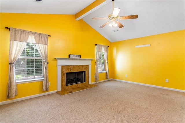 24 Arrow Ct, Lavonia, GA 30553 - unfurnished living room featuring carpet, ceiling fan, and a tile fireplace