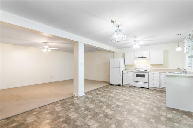 24 Arrow Ct, Lavonia, GA 30553 - kitchen with white appliances, a ceiling fan, light countertops, white cabinets, and under cabinet range hood