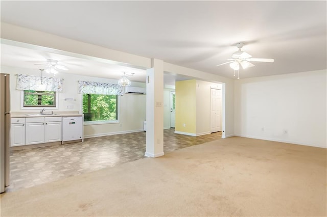 24 Arrow Ct, Lavonia, GA 30553 - unfurnished living room with an AC wall unit, light colored carpet, and ceiling fan