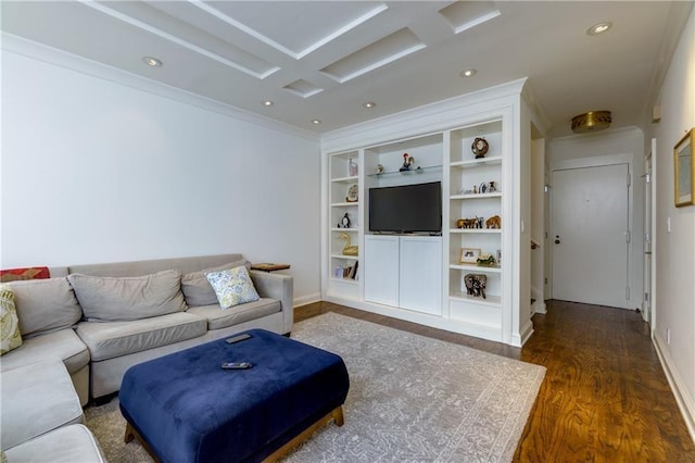 living room with dark wood-type flooring, ornamental molding, and built in features