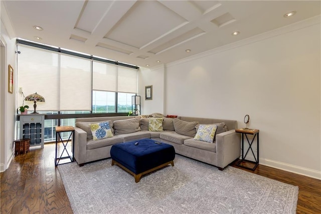 living room with crown molding, coffered ceiling, hardwood / wood-style floors, and beam ceiling