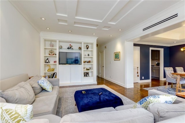 living room with crown molding, wood finished floors, baseboards, and coffered ceiling