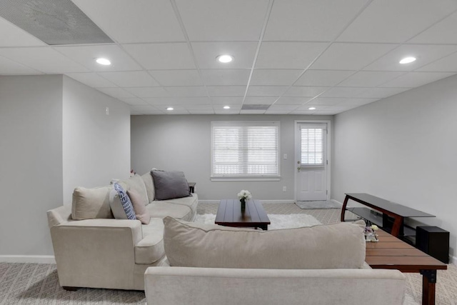 living room with baseboards, carpet flooring, and recessed lighting