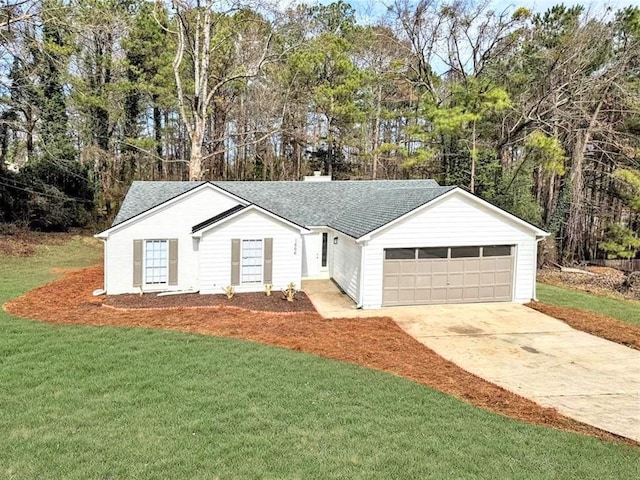 ranch-style house featuring a garage, a shingled roof, driveway, a chimney, and a front yard