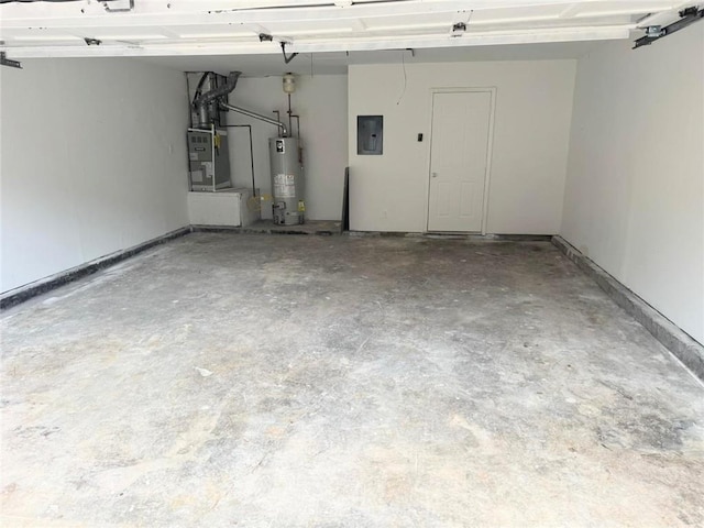 garage with electric panel, heating unit, and water heater