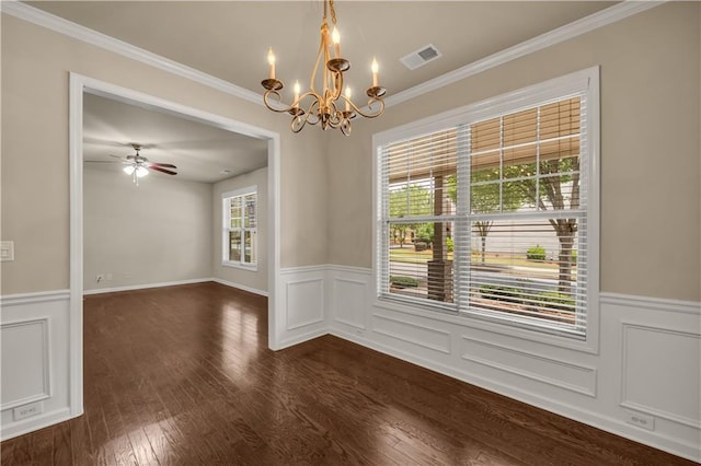 559 Myrle Trace Ln, Suwanee, GA 30024 - unfurnished room with a chandelier, dark wood-style flooring, wainscoting, ornamental molding, and a ceiling fan