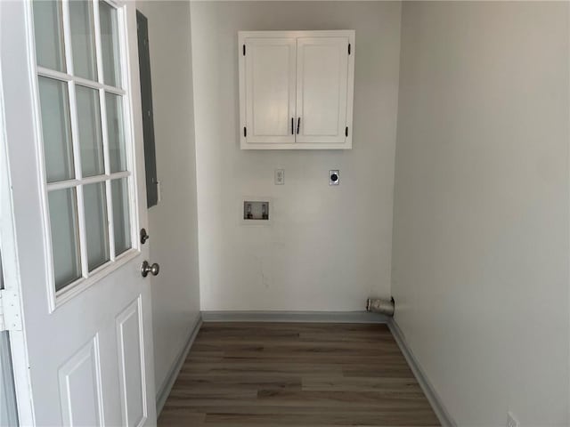 laundry room with washer hookup, cabinets, dark hardwood / wood-style floors, and hookup for an electric dryer