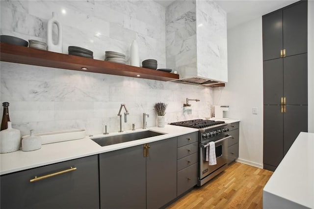 kitchen with sink, gray cabinets, and high end stainless steel range oven