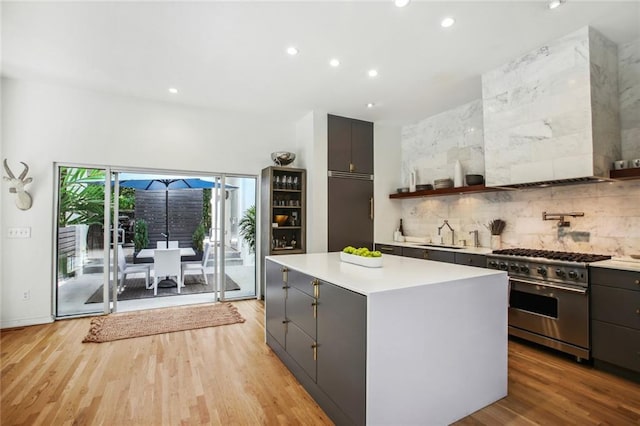 kitchen featuring a kitchen island, sink, backsplash, high end stainless steel range, and light wood-type flooring