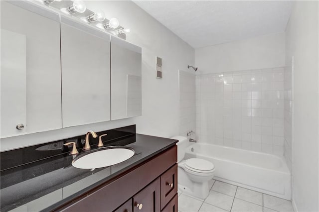 full bathroom with shower / bath combination, toilet, tile patterned floors, and vanity