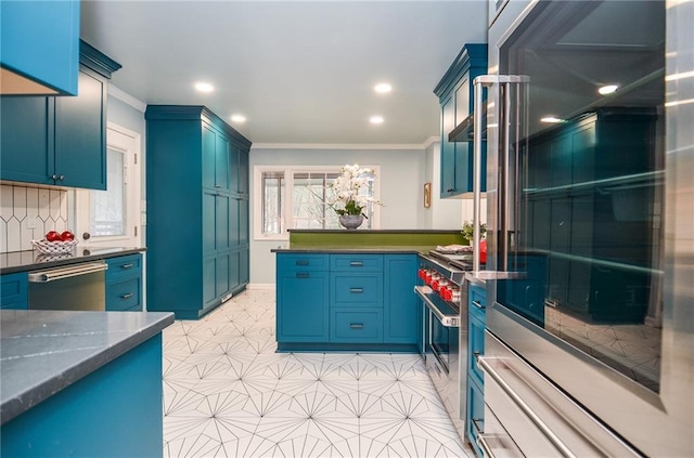 970 Winding Creek Trl, Sandy Springs, GA 30328 - kitchen featuring stainless steel appliances, crown molding, a peninsula, dark stone counters, and recessed lighting