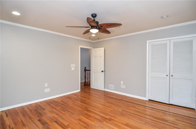 970 Winding Creek Trl, Sandy Springs, GA 30328 - unfurnished bedroom featuring wood finished floors, recessed lighting, ornamental molding, a closet, and a ceiling fan